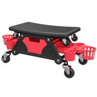 HOMCOM Werkplaatskruk met Afneembare Zitting en Wielen, Opbergruimte, 33cm Hoog, Tot 135 kg, Rood(m-10)