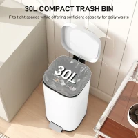 HOMCOM 30L Kitchen Bin, Compact Pedal Bin with Soft-Close and Stay-Open Lid, Removable Bucket for Kitchen, Home, Office, White(m-4)