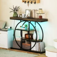 HOMCOM Console meuble avec éclairage LED 100 cm, table console à 4 niveaux avec étagères ouvertes, marron rustique et noir(m-10)