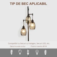HOMCOM Lampadar Industrial cu 3 Abajururi și Intensitate Reglabilă, din Oțel, 30x30x170,5 cm, Negru(m-7)