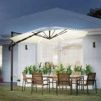 Outsunny 3(m) Cantilever Garden Parasol with Solar Powered Lights, Crank Handle & Cross Base, UPF 50+, 360° Rotation, Cream(m-10)