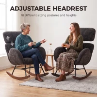 HOMCOM Upholstered Rocking Chair Adjustable Headrest Rocker Chair Raindrop Velvet Rubberwood Base Dark Grey(m-5)