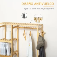 HOMCOM Perchero Burro de Bambú Perchero de Pie con Estantería de 4 Niveles con Barra Estante Inferior y Colgador Lateral para Ropa Bolsas Dormitorio 90x30x155 cm Natural(m-6)