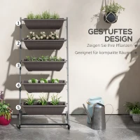 Outsunny 5-laags plantenrek, 145 cm hoog bloementoren met wieltjes en potten, stalen plantenplanken Bruin(m-4)