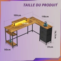 Bureau d'angle gaming en L, structure métallique stable & plateau en bois, montage facile, 150x50x87,5 cm, marron(m-3)
