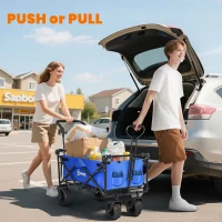 Outsunny 180L Festival Trolley on Wheels, Push & Pull Beach Cart with Removable Canopy, Wide All-Terrain Wheels, Folding Camping Trolley Cart, Adjustable Handle for Garden Fishing Shopping, Blue(m-5)