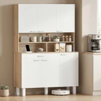 HOMCOM Credenza Cucina con Ripiani Aperti, 4 Armadietti e Cassetto, in Legno e Metallo, 120x40x175 cm, Bianco e Legno(m-10)