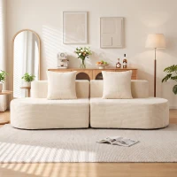 HOMCOM Sofá 3 Plazas Curvado de Terciopelo Acanalado 245 cm con Asiento Profundo y 2 Cojines Crema(m-10)