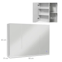 kleankin Armoire murale miroir avec éclairage LED de Salle de Bain 2 en 1, meuble 3 portes,  dim. 90L x 15l x 65H cm(m-3)