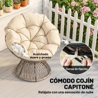 Outsunny Sillón Papasan Giratorio de Ratán Sintético con Cojín Carga 160 kg para Exterior Jardín Terraza 87x97x86 cm Gris y Crema(m-6)