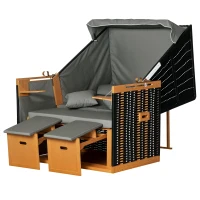 Outsunny strandstoel met dak rotan look klaptafel lichtgrijs 118 x 79 x 150 cm(m-11)