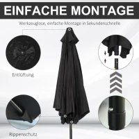 Outsunny Knickschirm Sonnenschirm Gartenschirm Marktschirm mit Handkurbel Alu 180/㎡ Polyester Schwarz ∅2,6 x 2,35 m(m-6)