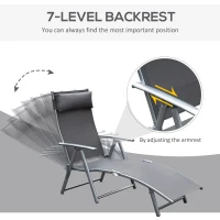 Outsunny Sun Lounger Steel Frame Outdoor Folding Chaise Texteline Lounge Chair Recliner with Headrest & 7 Levels Adjustable Backrest, Grey(m-4)