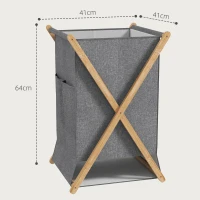 HOMCOM Cesto Portabiancheria Pieghevole 55L in Tessuto e Telaio in Bambù, Legno e Grigio(m-3)