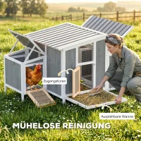 PawHut Kippenhok hout met afsluitbare deur legkast waterdicht PET-dak voor 3-4 kippen, 145x90x92 cm Grijs(m-6)