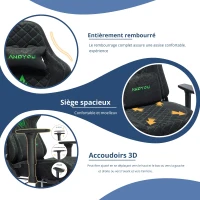 Chaise gaming ergonomique, entièrement rembourrée, respirante, anti-plis et durable, 70x70x131 cm, Noir(m-8)