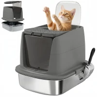 PawHut Grote roestvrijstalen kattenbak, gesloten kattenbak met metalen schep en deodoriser zakje, donkergrijs(m-15)