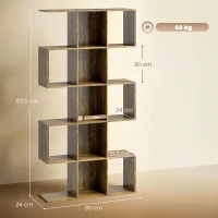 HOMCOM 5-Tier Bookshelf, S Shaped Geometric Bookcase with 15 Compartments, Rustic Brown(m-3)