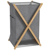 HOMCOM Coș pentru rufe pliabil 55L din material textil și cadru din bambus, lemn și gri(m-1)