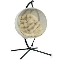 Outsunny Hanging Egg Chair Outdoor Indoor Garden Swing Chair with Folding Basket, Thickened Cushion, Cup Holder for Patio, Balcony, Khaki(m-1)