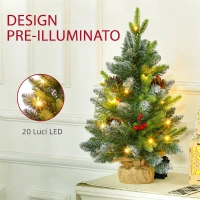HOMCOM Mini Albero di Natale 60 cm con Luci LED, 141 Rami, Pigne, Bacche Rosse, Base in Cemento, Verde(m-4)