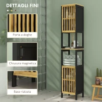 HOMCOM Mobiletto Bagno a Doghe con 2 Ripiani Aperti e 2 Armadietti, in MDF e Bambù, 32x30x172 cm, Nero e color Legno(m-7)