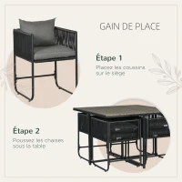Outsunny Salon de jardin ensemble 5 pièces avec 1 table et 4 fauteuils 8 coussins table en composite plateau aspect bois noir(m-7)