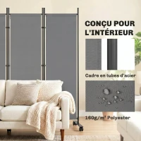 Outsunny Paravent 5 Panneaux 252x170cm, Paravent Pliant avec 12 Roulettes et Clips de Connexion, Acier et Polyester, Gris Foncé(m-7)