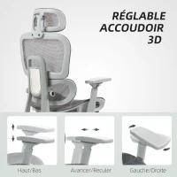 HOMCOM Fauteuil de bureau, chaise de bureau ergonomique en maille avec accoudoirs 3D, dossier inclinable, 66x64x122 cm, gris(m-7)