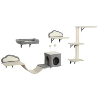 PawHut Wandgemonteerd krabpaal-set, sisal krabvlakken, 4 delen, voor 1-3 katten, Beige(m-1)