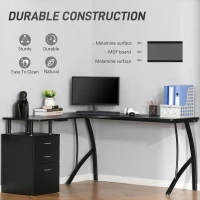 HOMCOM L-Shaped Computer Desk Table with Storage Drawer, Home Office Desk Corner Industrial Style Workstation for A4 Files 143.5 x 143.5 x 76cm, Black(m-5)