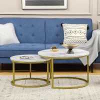 HOMCOM Bijzettafel set, 2 delige tafelset, Ø74 & Ø59 cm, Marmerlook, Frame in goud(m-7)