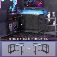 HOMCOM Birou colțar reversibil cu LED, prize de curent și USB, rafturi și suport pentru monitor, negru(m-6)