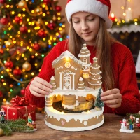 HOMCOM Christmas Gingerbread House, Lighted Musical Snow Village with Rotating Train, LEDs, Tunes, Battery Operated(m-9)