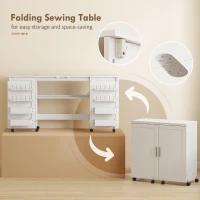 HOMCOM Folding Sewing Table with 2 Magnetic Doors, Storage Shelf, Lockable Wheels, Space Saving, White(m-4)