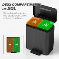 HOMCOM Poubelle à double compartiment 2 x 20L, poubelle de cuisine à pédale, seaux intérieurs amovibles, 45,5x36,5x51cm, noir(m-4)