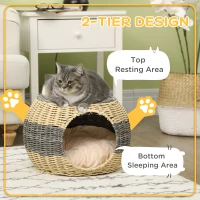 PawHut Wicker Cat House, Rattan Raised Cat Bed, Cosy Kitten Cave with Soft Washable Cushion, Φ40 x 30cm(m-5)