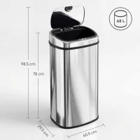 HOMCOM Pattumiera Cestino dei rifiuti in Acciaio Inox con Sensore a Infrarossi 68L, Rettangolare, Colore: Argento(m-3)