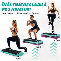 HOMCOM Stepper aerobic antiderapant și reglabil pe 3 niveluri, din plastic și PP, 110x40x20 cm, multicolor(m-4)