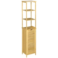 kleankin Badkamerkast, Hoge Kast met Drie Planken en een Kastvak met Lamellendeur, Kantelbeveiliging, Bamboe, 34 x 30 x 173 cm(m-10)