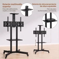 HOMCOM Soporte TV con Ruedas para 32-75" Altura Regulable Inclinación ±15° y 2 Bandejas Negro(m-7)