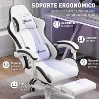 Vinsetto Silla Gaming Silla Gamer de Cuero PU Altura Ajustable Reclinable 135° Reposacabezas y Reposapiés 65x65x121-129 cm Blanco(m-4)