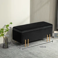 HOMCOM Zitbank, Gestoffeerde Bank met Opbergruimte, Metaal, Rubberhout, Schuimstof, 100 x 40 x 42 cm, Zwart(m-3)