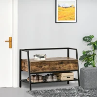 HOMCOM Mobile Scarpiera in Stile Industriale con Vano, Panca Scarpiera Vintage Salvaspazio in Legno e Metallo, Marrone Rustico, 90x37x60cm(m-10)