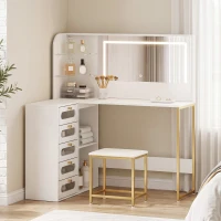 HOMCOM Dressing Table with LED Mirror and Stool, L-Shaped Vanity Desk with Drawers and Shelves, White(m-2)