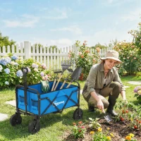 Outsunny Carro de Jardín Plegable con Ruedas Bloqueables Mango Ajustable Portavasos Carga 80 kg para Campaña 85x50x99 cm Azul(m-10)