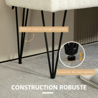 HOMCOM Banc bout de lit banquette en tissu bouclette blanc avec pieds épingle en métal noir 118,5l x 46P x 49,5H cm crème(m-5)