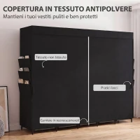 HOMCOM Armadio in Tessuto Salvaspazio con 5 Aste, 5 Ripiani, 6 Tasche Laterali, Ante Antipolvere con Zip, Nero(m-5)