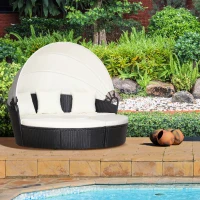Outsunny Isla de Ratán Modular para Exterior 5 Piezas Tumbona Redonda con Toldo Plegable Cojines Extraíbles Lavables y 3 Almohadas Marco de Metal 175x180x147 cm Negro y Beige(m-10)