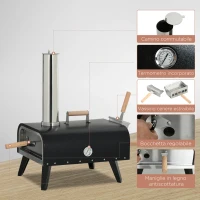 Outsunny Forno per Pizza Pieghevole e Portatile con Pala e Pietra, in Acciaio e Legno, 81x40x72 cm, Nero(m-5)